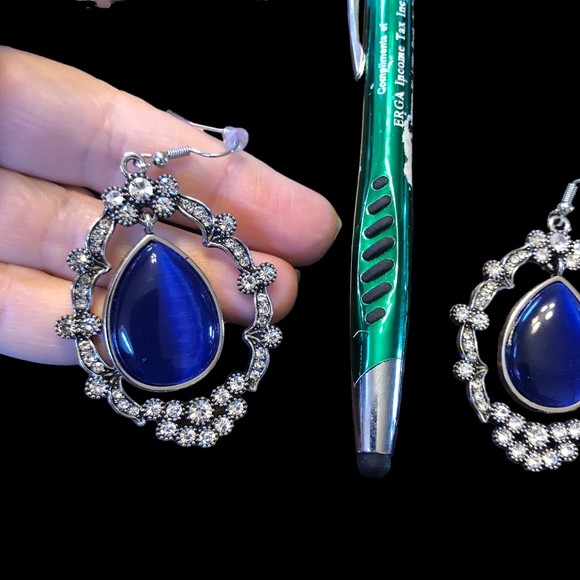 Cobalt Blue Teardrop Surrounded by Rhinestone Drop Earrings - Picture 7 of 8
